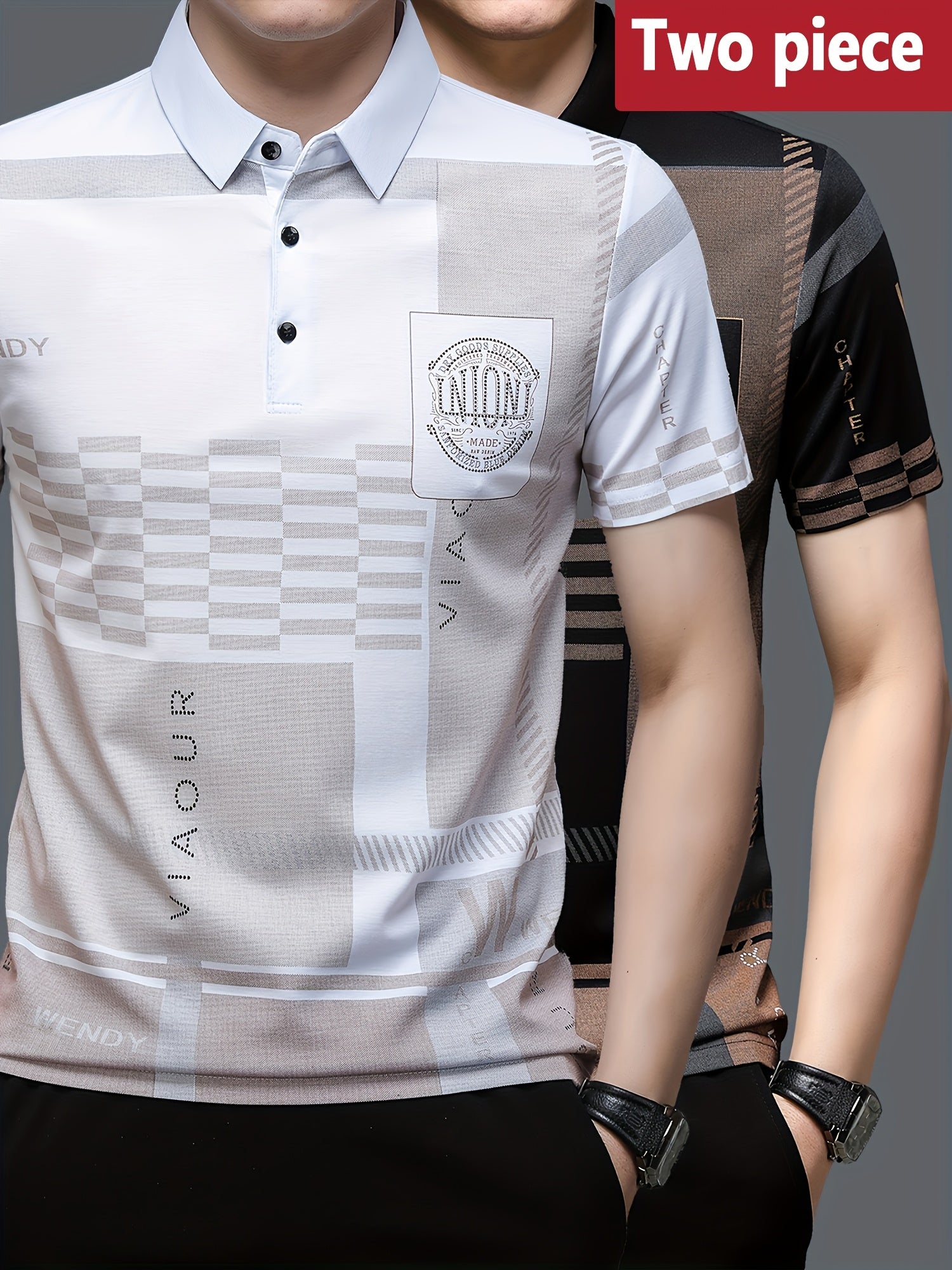 Men's Summer Polo Shirts Set Short Sleeve Plaid Pattern English Embellishments