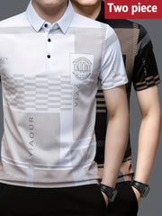 Conjunto de camisetas polo de verano para hombre, manga corta, patrón de cuadros, adornos en inglés