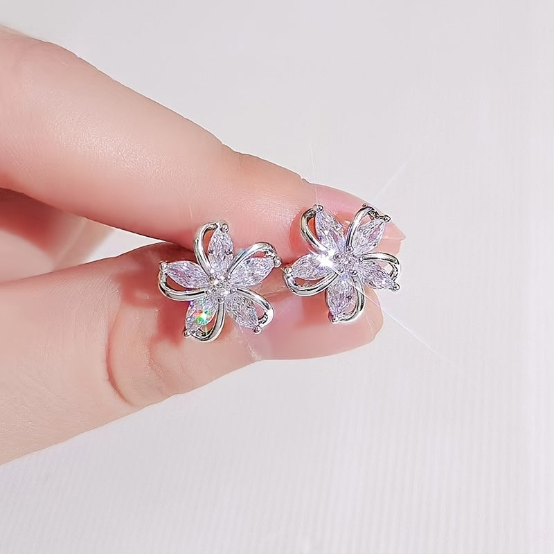 Women Rose Gold Cubic Zirconia Flower Stud Earrings Daily Gift