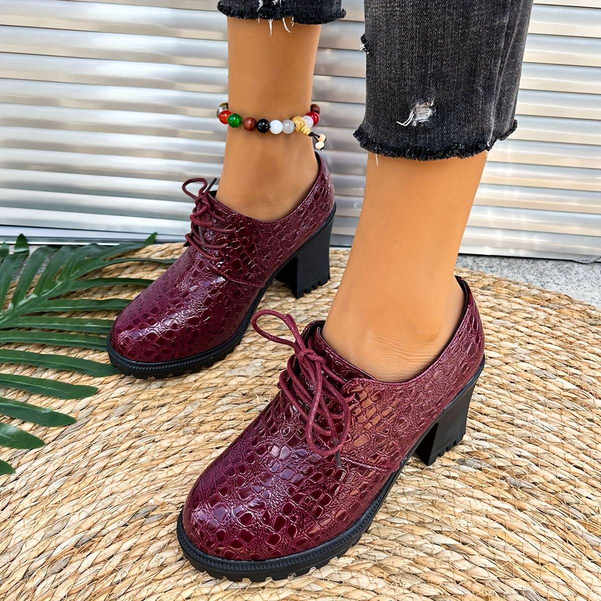 Women's Burgundy Crocodile-Textured PU Oxford Shoes Chunky Heels