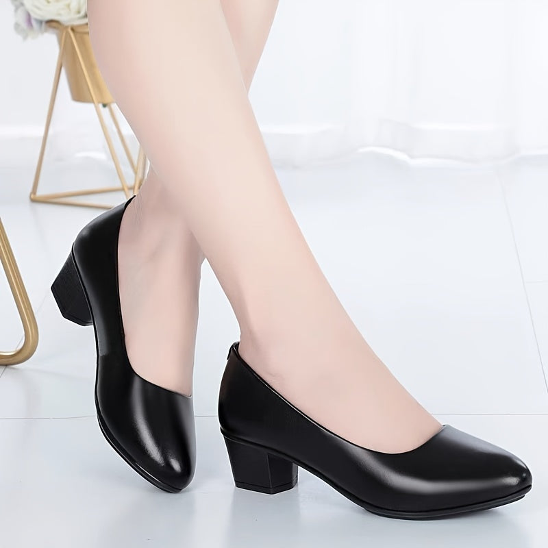 Women's Black Faux Leather Work Pumps with Mid Heel Slip-On Office Shoes
