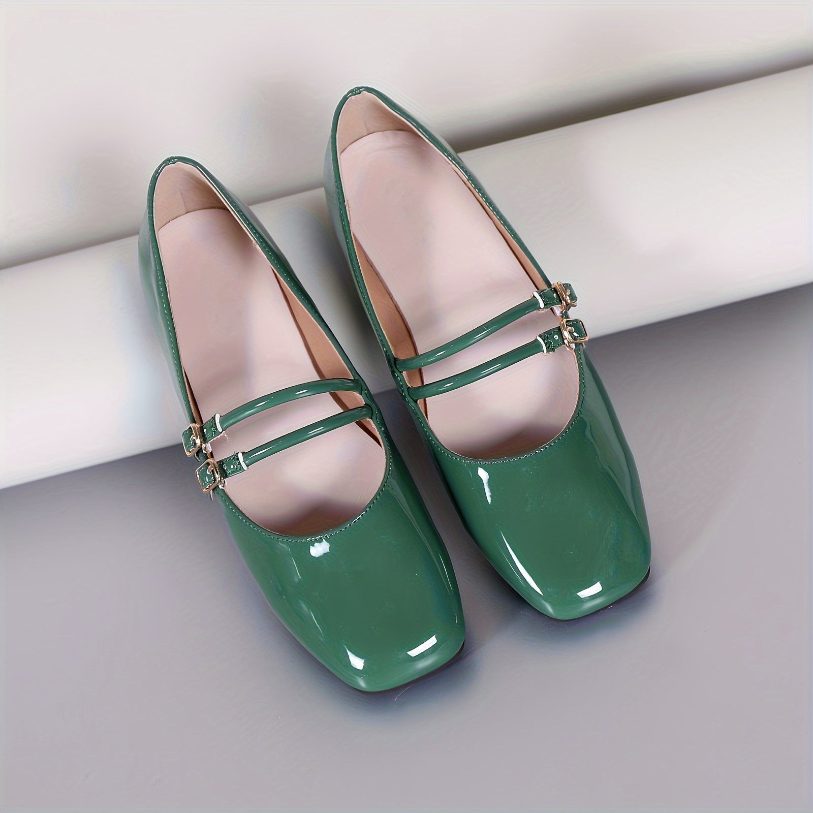 Women's Square Toe Flat Shoes Solid Color Double Buckle Flats