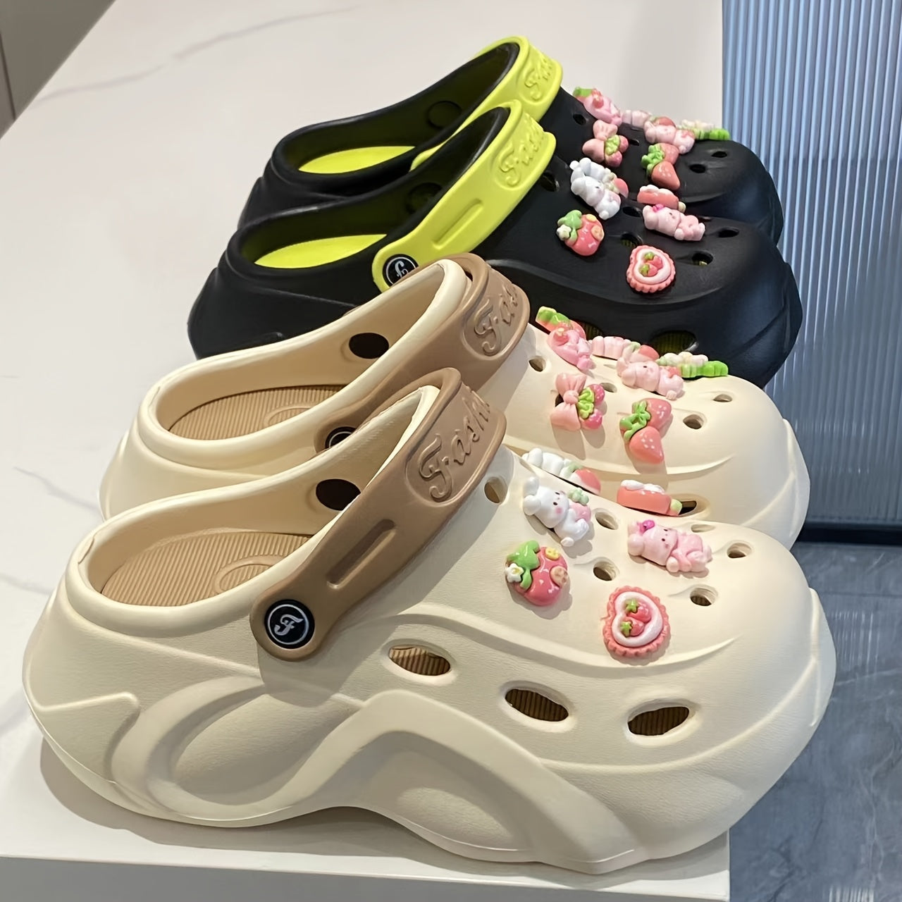 Women's EVA Hole Shoes with Pink Bunny Heel Sunflower Accessories