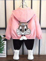 Girls' Long Sleeve Hooded Jacket with Rabbit Embroidery for Spring Fall Casual Kids Outerwear