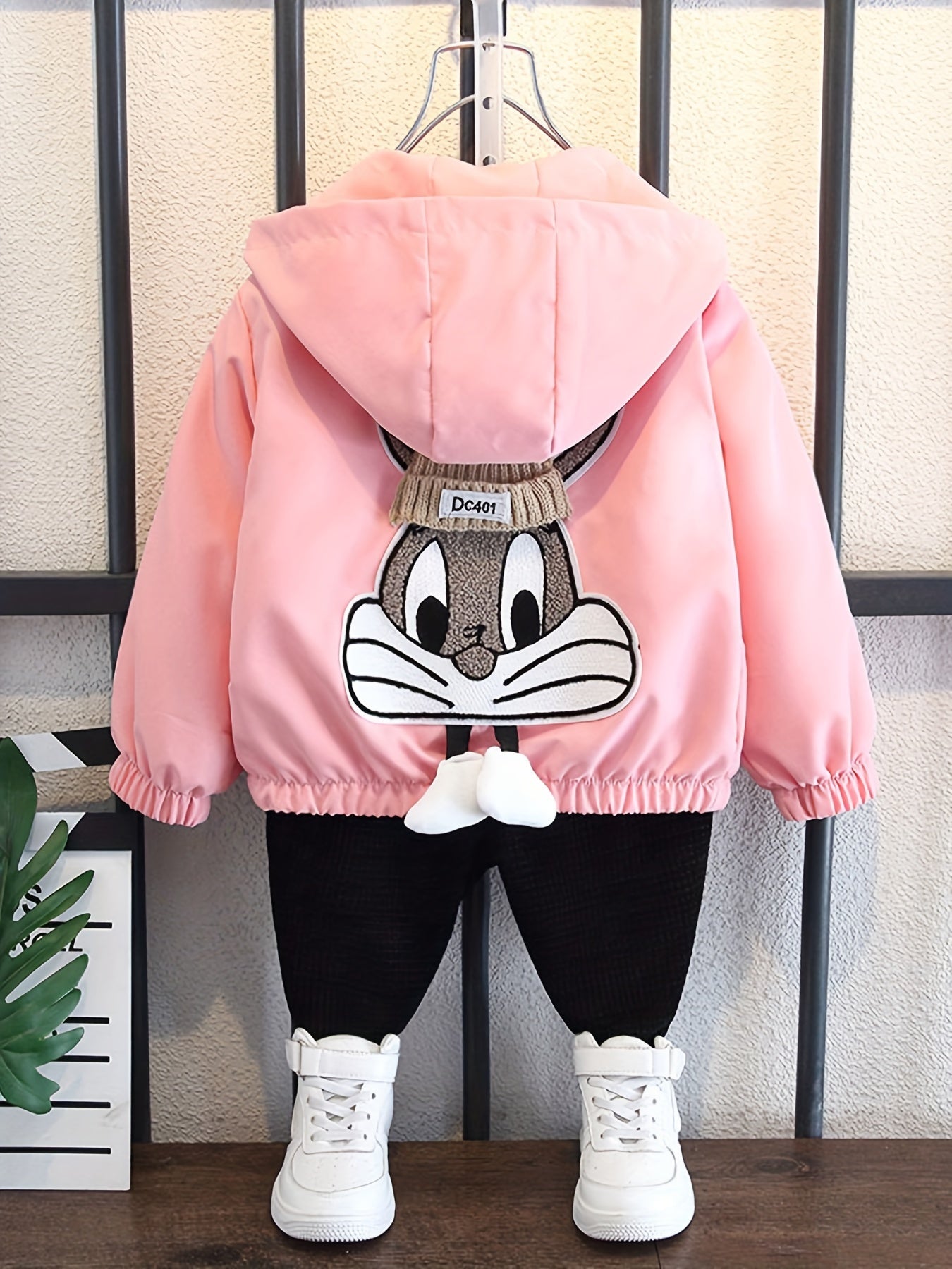 Girls' Long Sleeve Hooded Jacket with Rabbit Embroidery for Spring Fall Casual Kids Outerwear