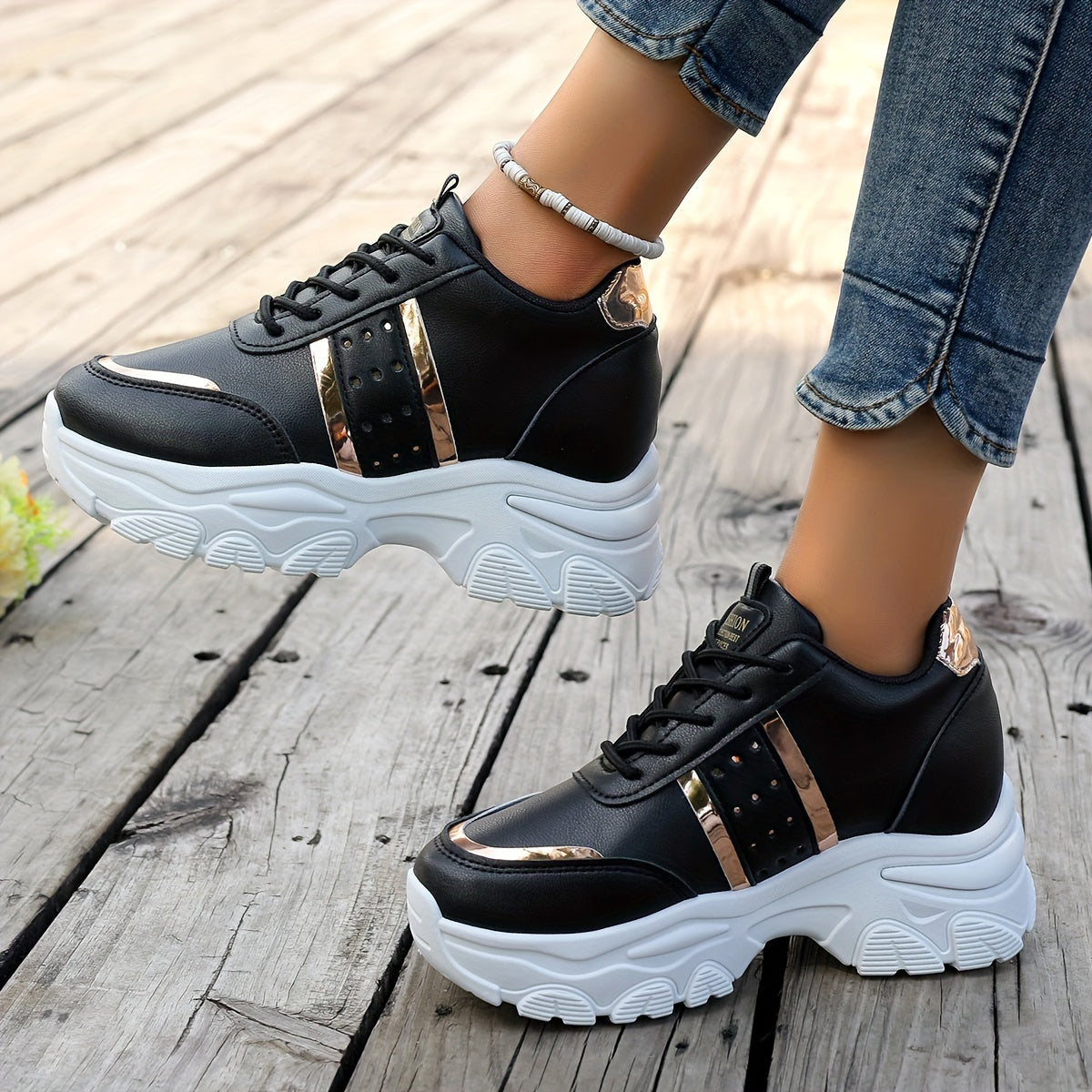 Women's White and Gold Platform Sneakers in Large Size 42 with 8cm Height Boost