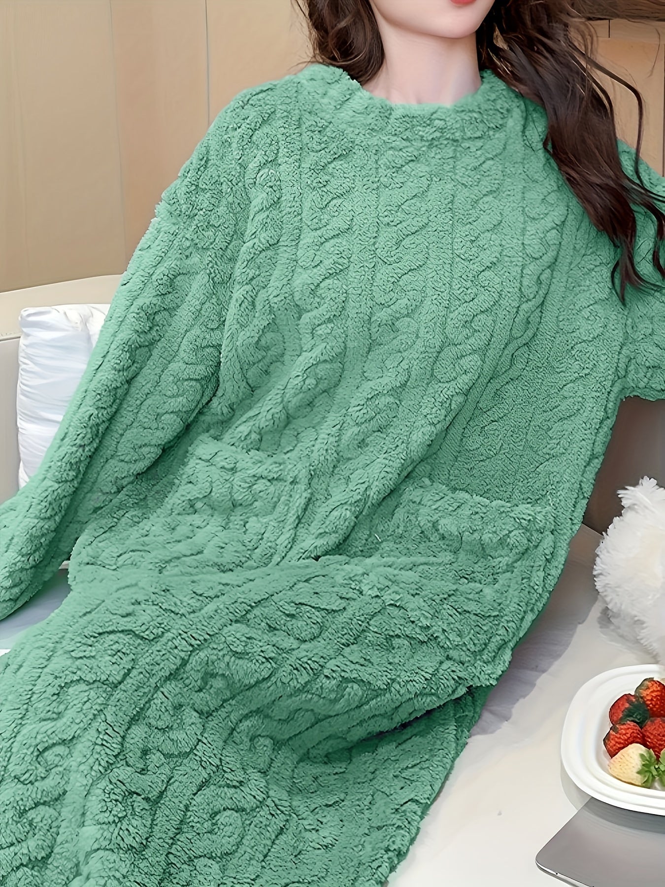 Women's Fleece-Lined Jacquard Winter Robe Long Sleeve Color-Block Loungewear