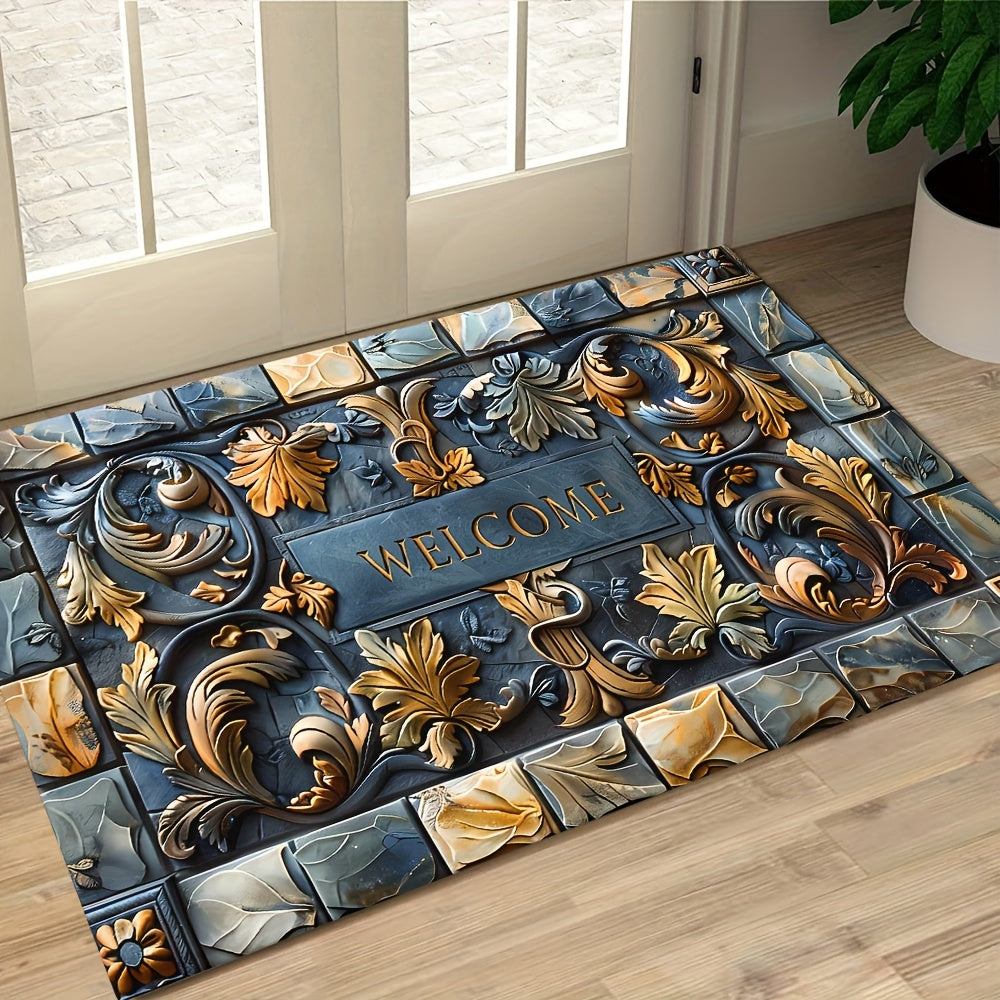 3D Stone Design Welcome Doormat Polyester Non-Slip Indoor Outdoor Rug