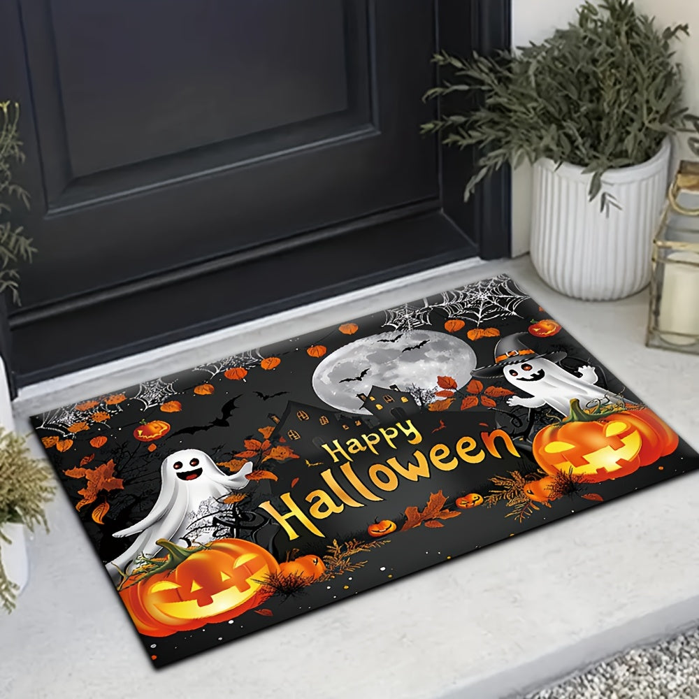 Halloween Doormat with Ghosts Pumpkins and Leaves Non-Slip Machine Washable Outdoor Decor