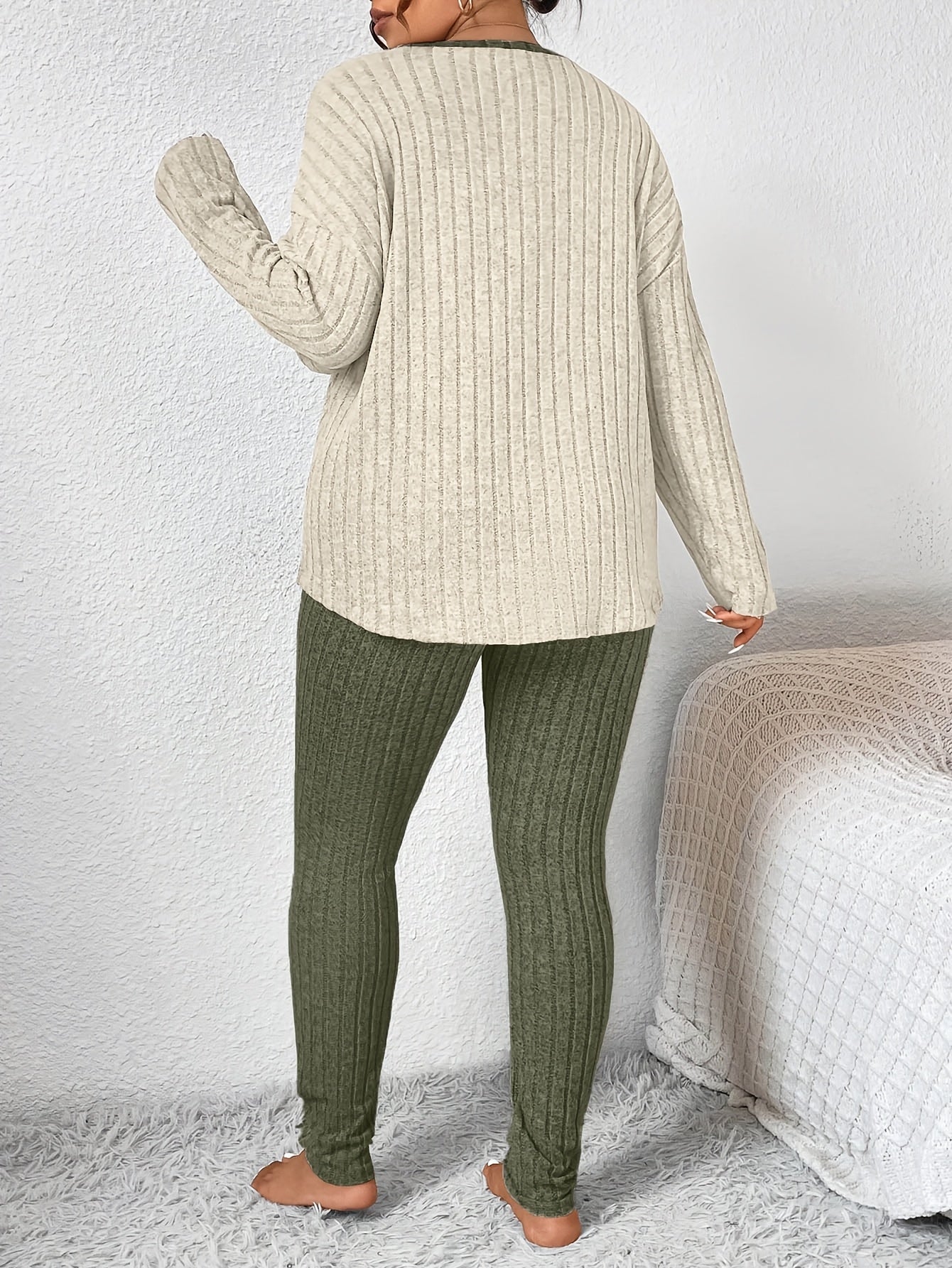 Plus Size Heart Fitted Long Sleeve and Long Pants Loungewear Set