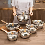 12 dona va oltin tutqichli zanglamas po'latdan yasalgan idish-to'plam, 6 ta shisha qopqoq bilan idishlar, yuqori sifatli va zamonaviy oshxona zaruriyatlari