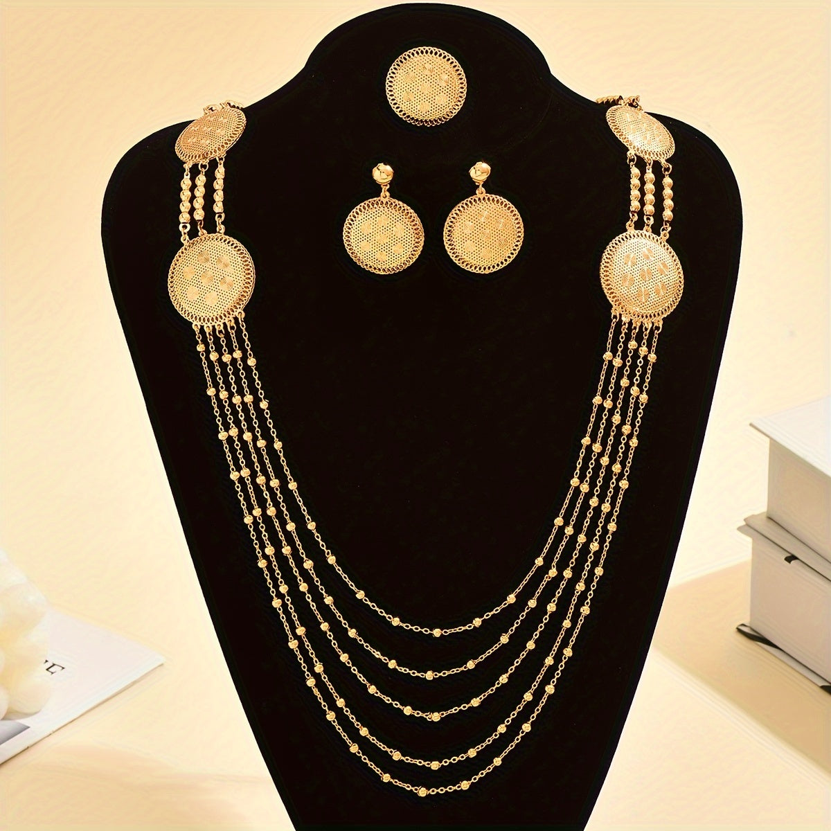 Vintage Style Ramadan Jewelry Set with Floral Necklace Earrings and Ring for Women