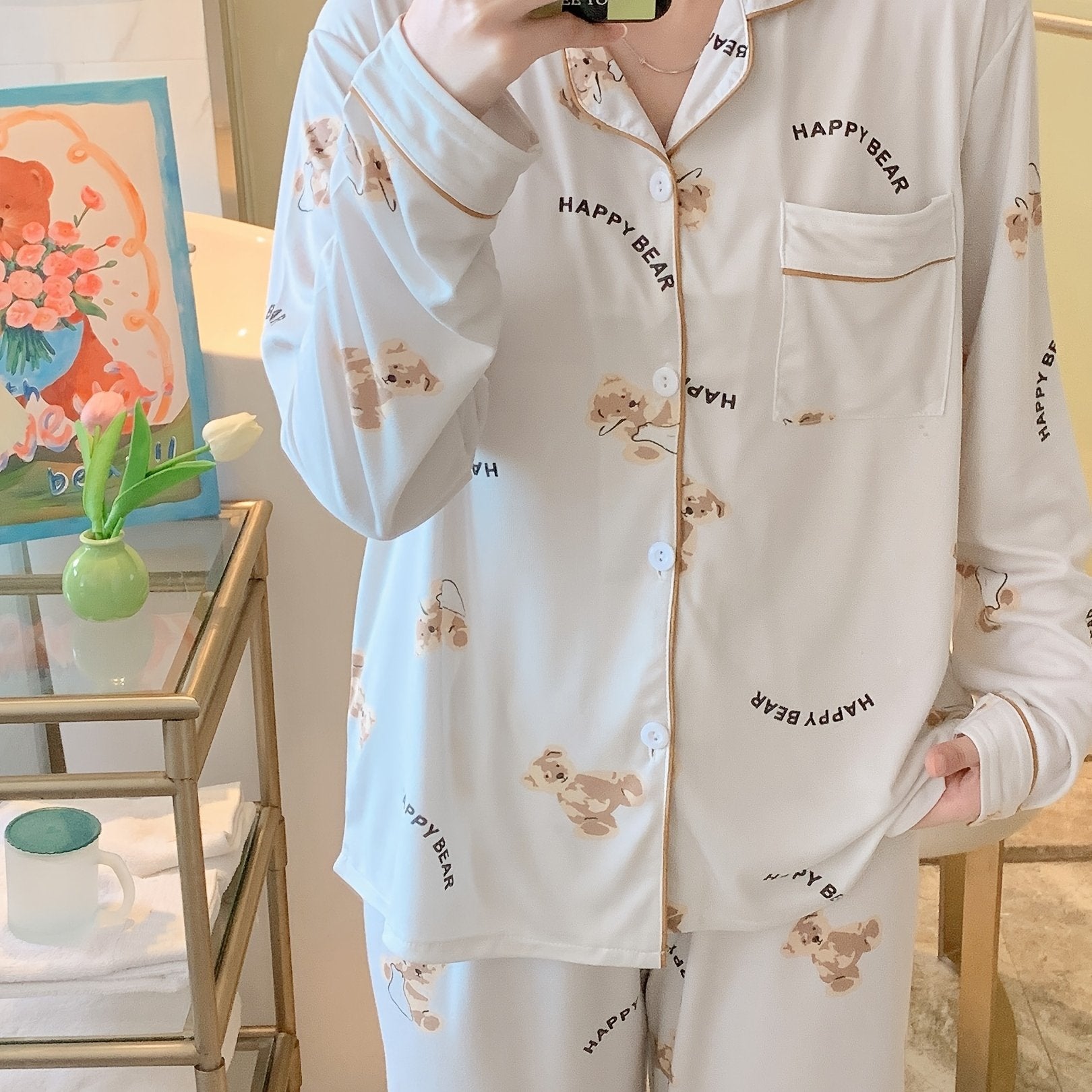 Women's Cartoon Bear Print Pajama Set Long Sleeve Blouse and Elastic Waist Pants