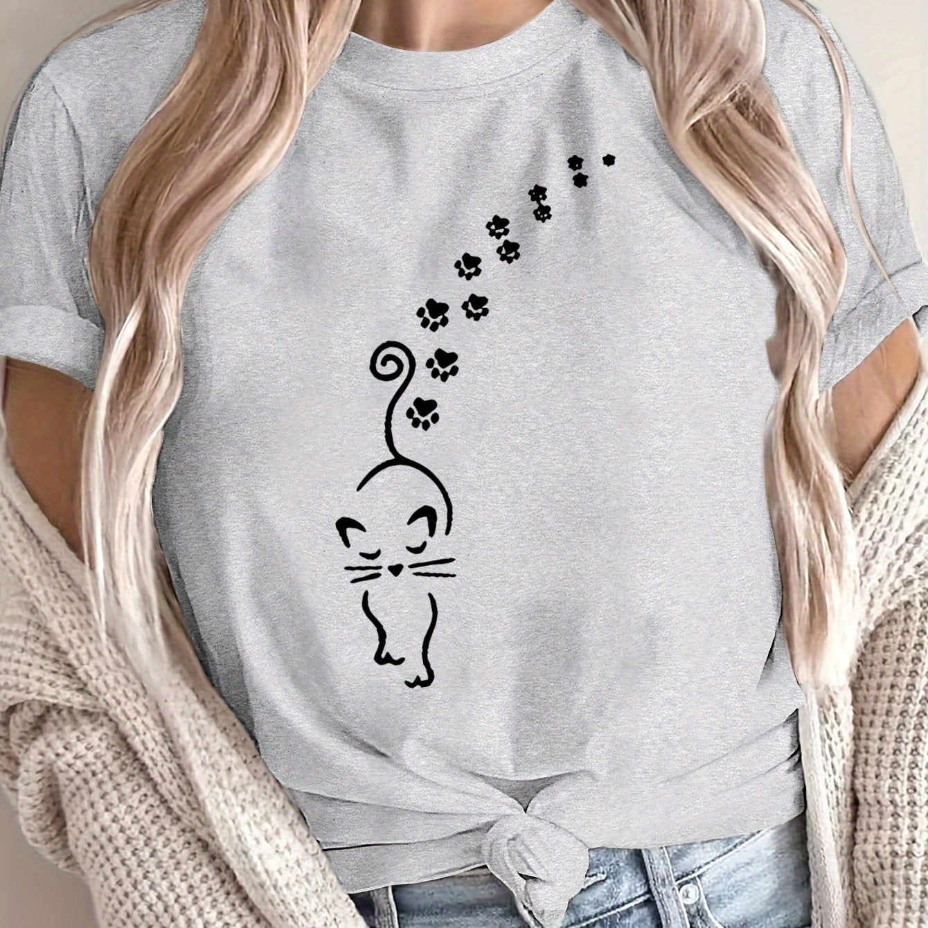 Women's Plus Size Loose Fit Cat Print T-Shirt Breathable Polyester Casual Top