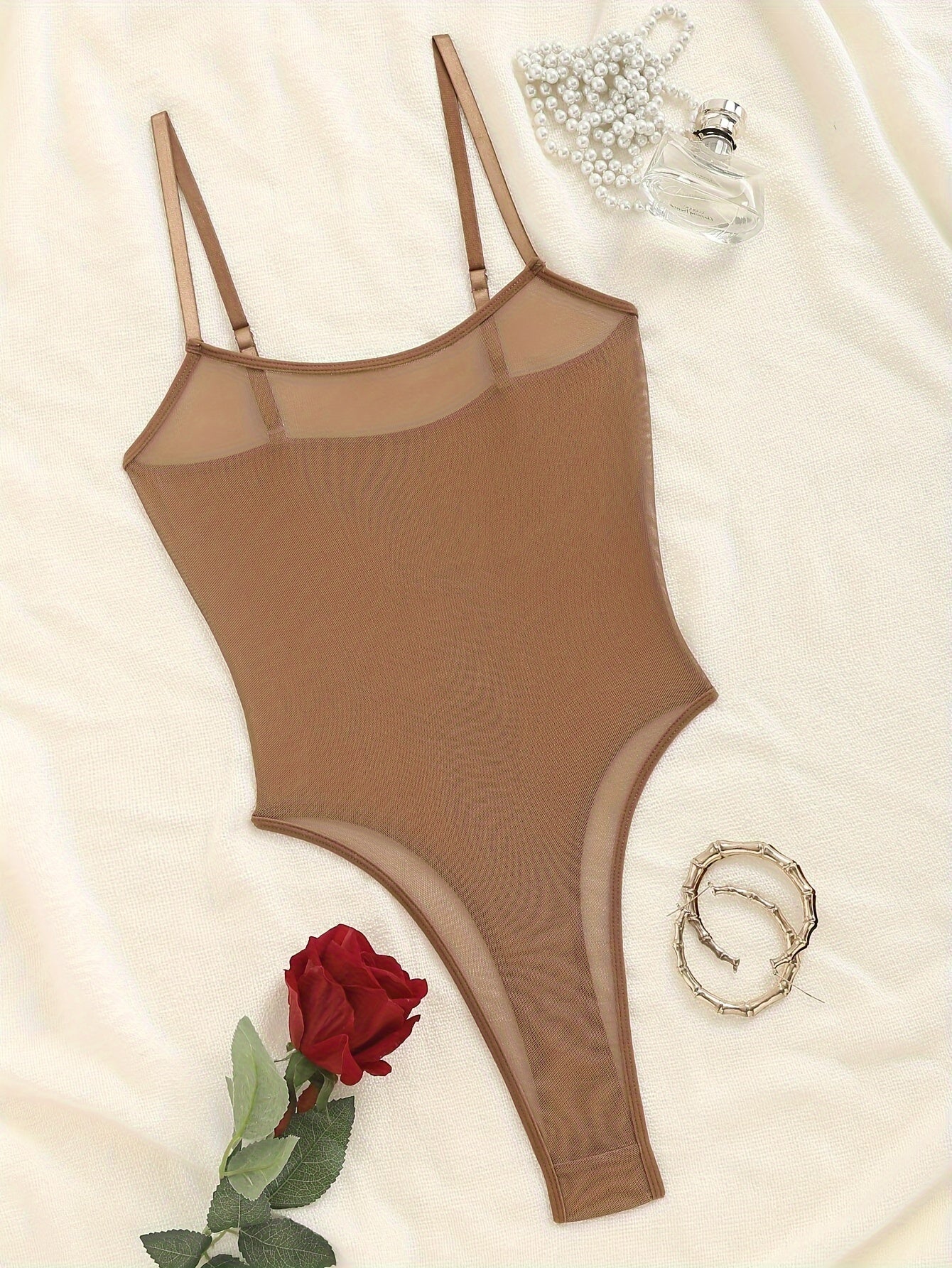 Women's Semi-Sheer Bodysuit with Spaghetti Straps and Backless Design Lingerie