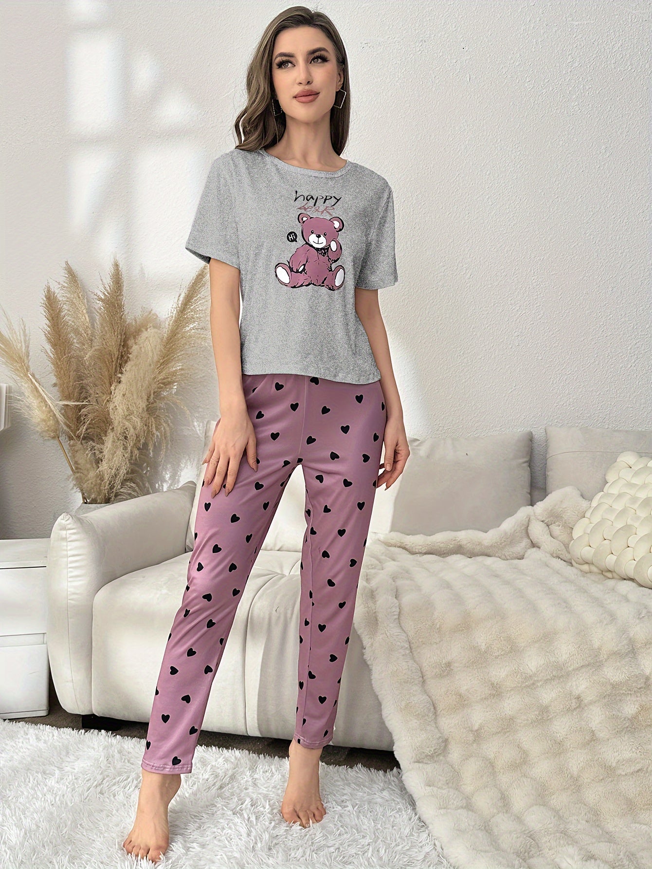 Women's Cartoon Bear Pajama Set Short Sleeve Top Elastic Waist Pants Sleepwear for Adults