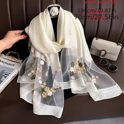 Women’s Embroidered Begonia Flower Scarf Thin Dual-Layer Breathable Solid Color Shawl