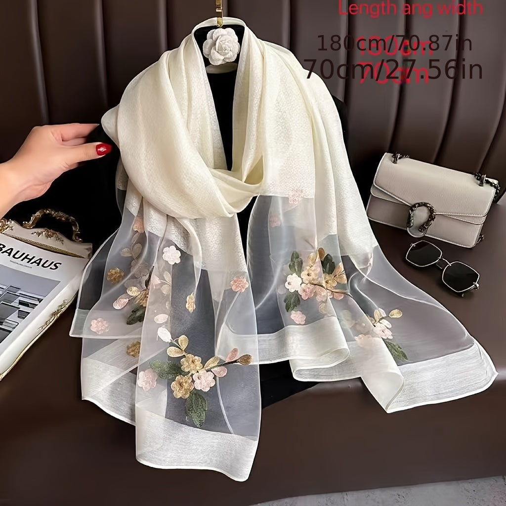 Women’s Embroidered Begonia Flower Scarf Thin Dual-Layer Breathable Solid Color Shawl