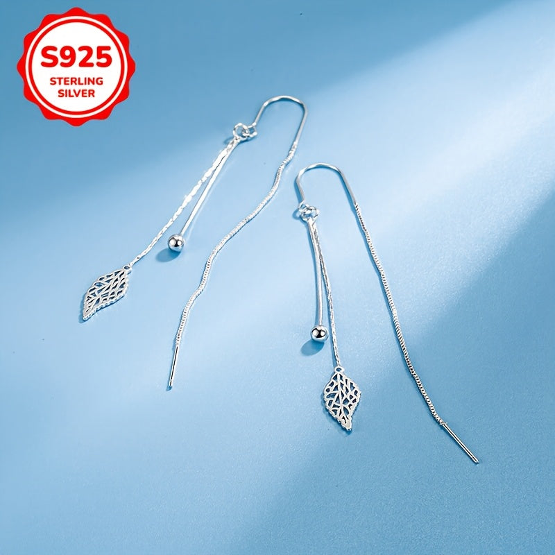 Women's Silver Earrings with Tassels and Hollow Leaf Design for Everyday Wear