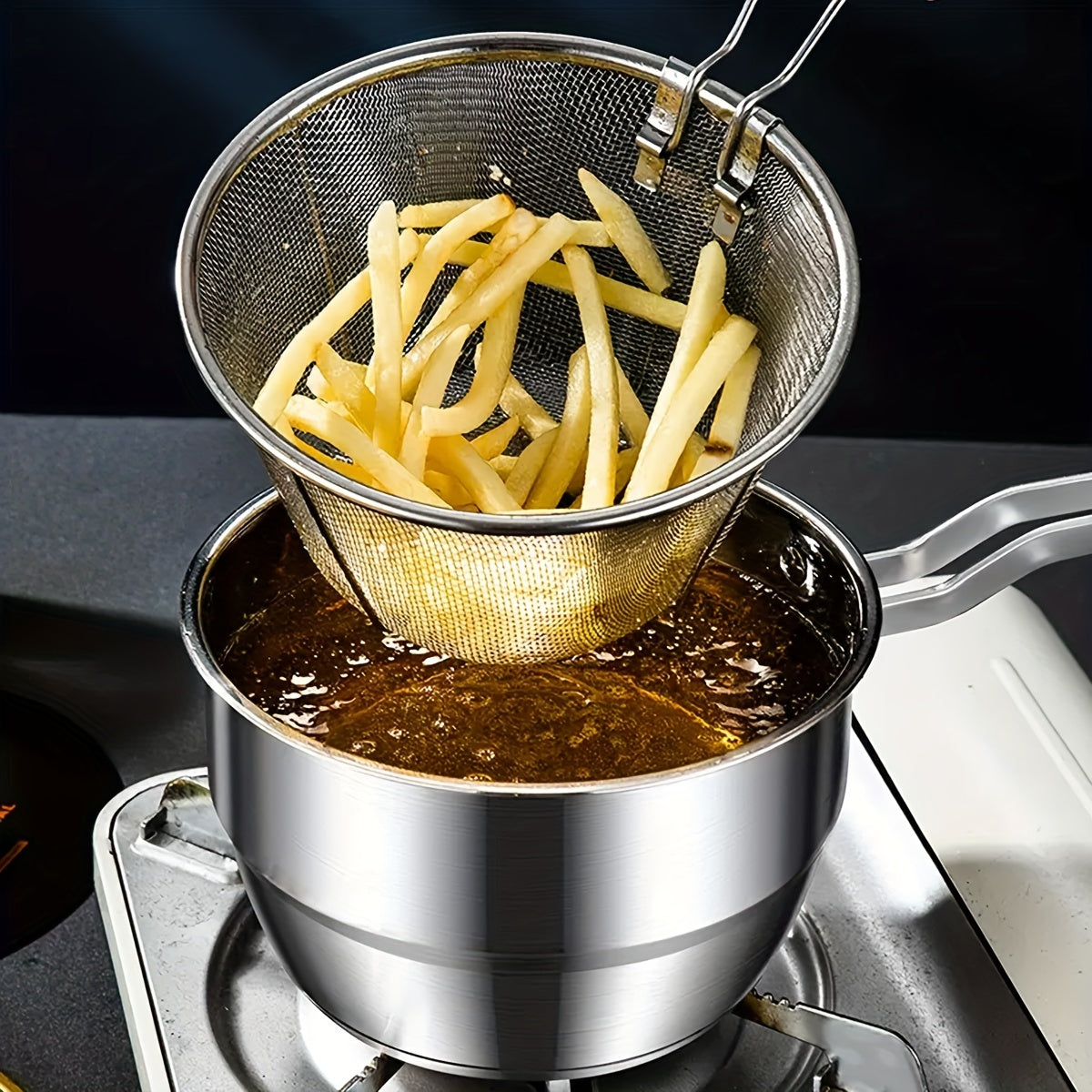 Set of 4 Stainless Steel Deep Frying Pans with Strainer Insert Cookware Set for Home Kitchen