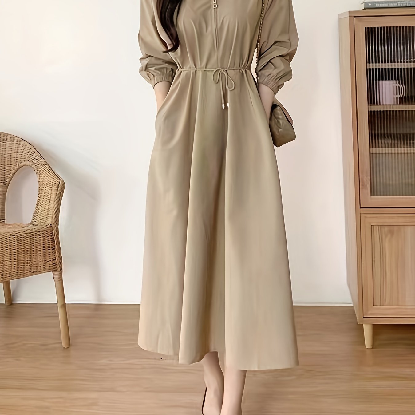 Beige Long Sleeve Midi Dress with Tie Waist Pockets for Women