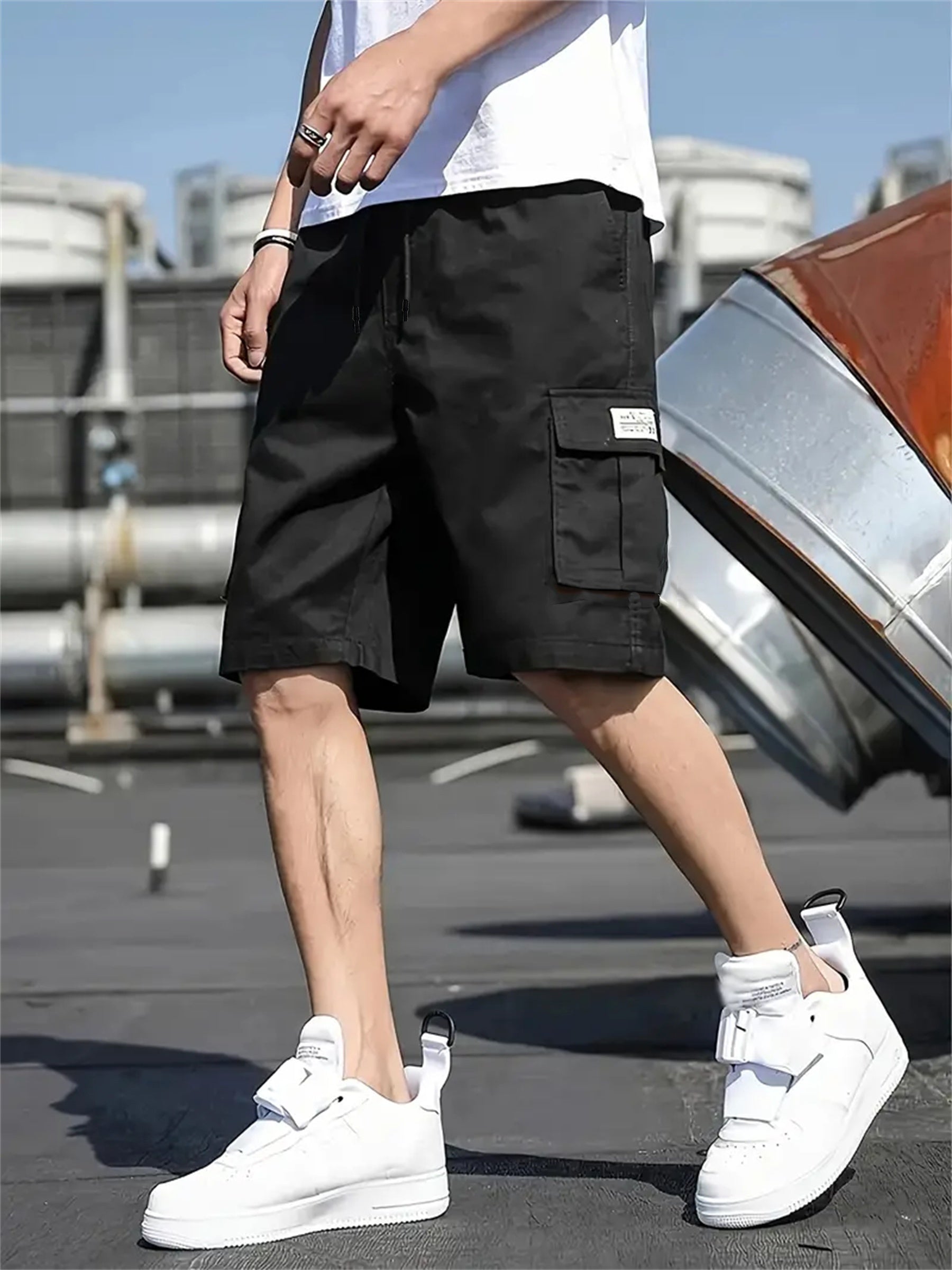 Men's Plus-Size Cargo Shorts Lightweight Polyester Pockets Drawstring Streetwear Basketball
