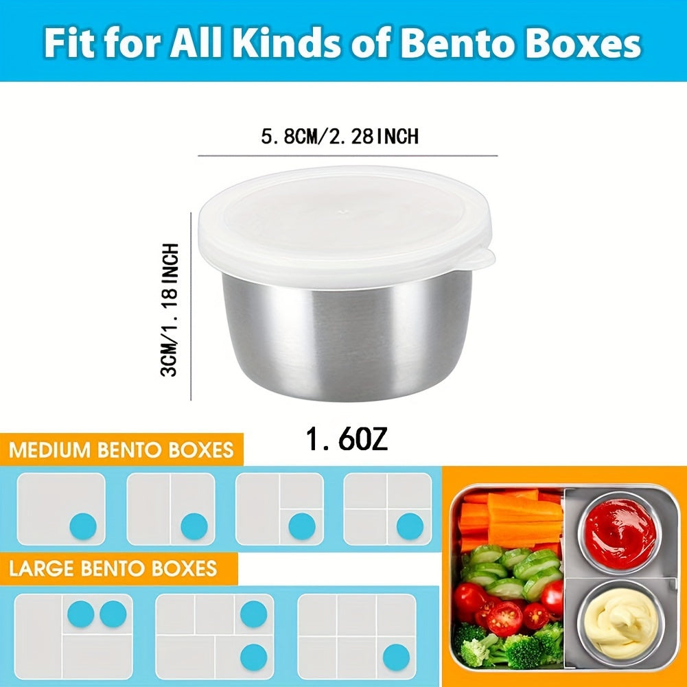 2/4/6 dona 1.6oz qotib qolmaydigan zanglamas po'latdan yasalgan salat soslari idishlari, shaffof qopqoq bilan, bento qutilari va harakatda ovqatlar uchun ideal.