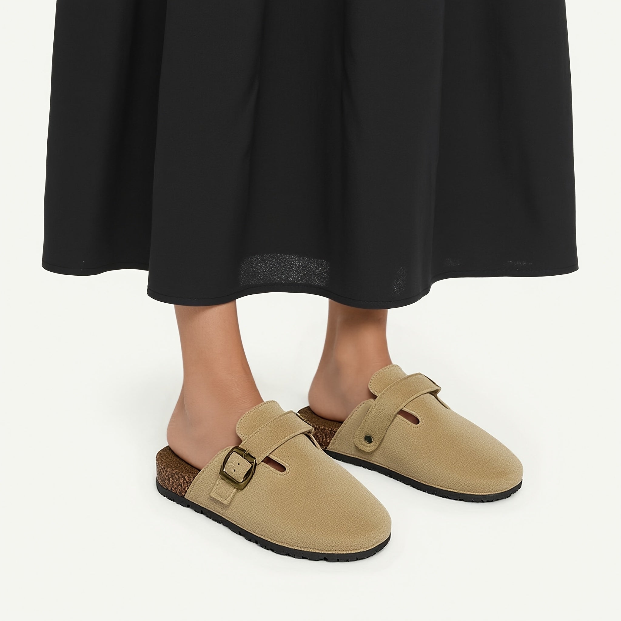 Women's Beige Mules with Buckle Detail Soft Fabric Lining Non-Slip Rubber Sole