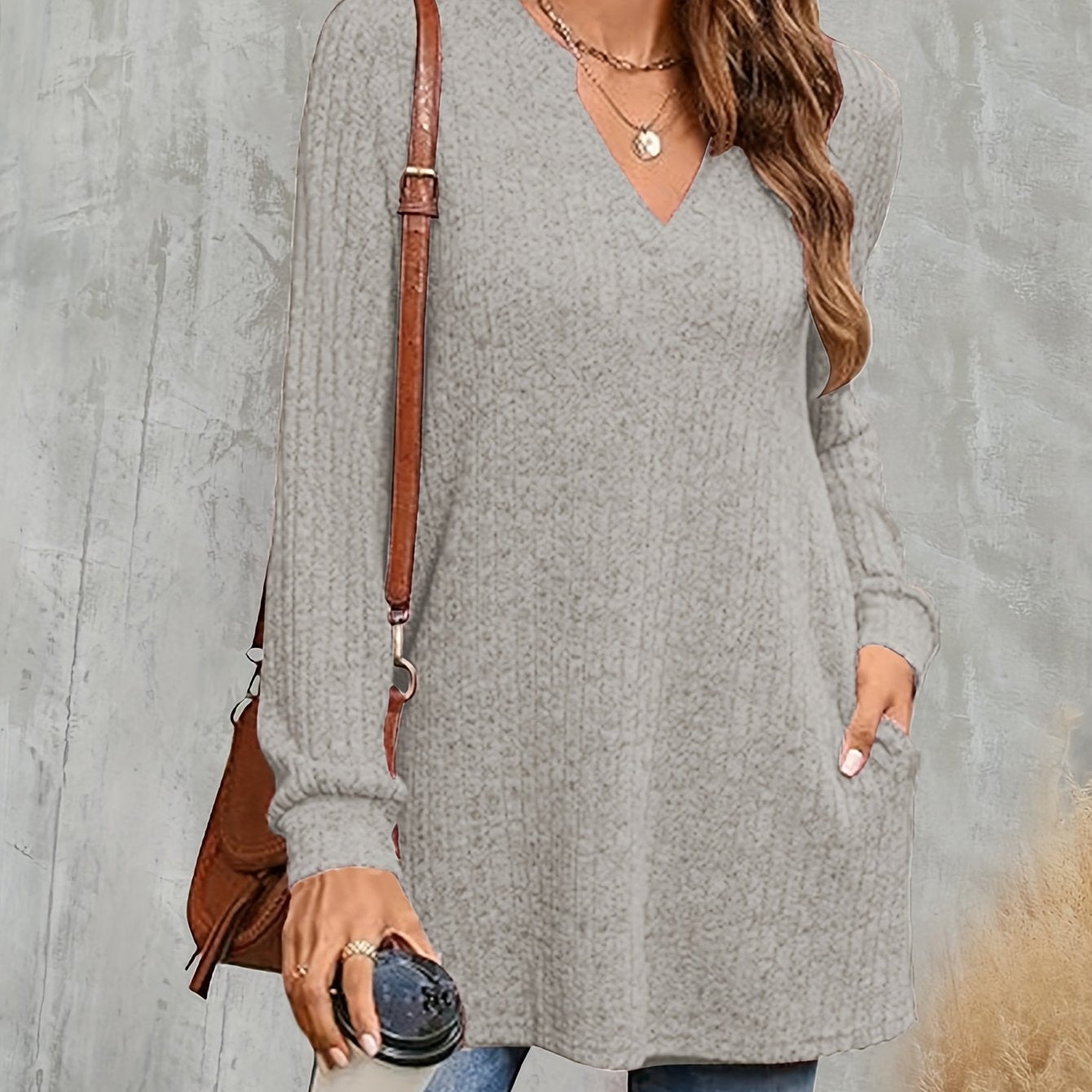 Women's Plus Size Knit Sweater Long Sleeve V-Neck Pockets Fall Winter