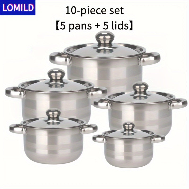 10-Donali zanglamaydigan po'latdan tayyorlangan idishlar to'plami, qozonlar va qopqog'lar bilan oshxona uchun