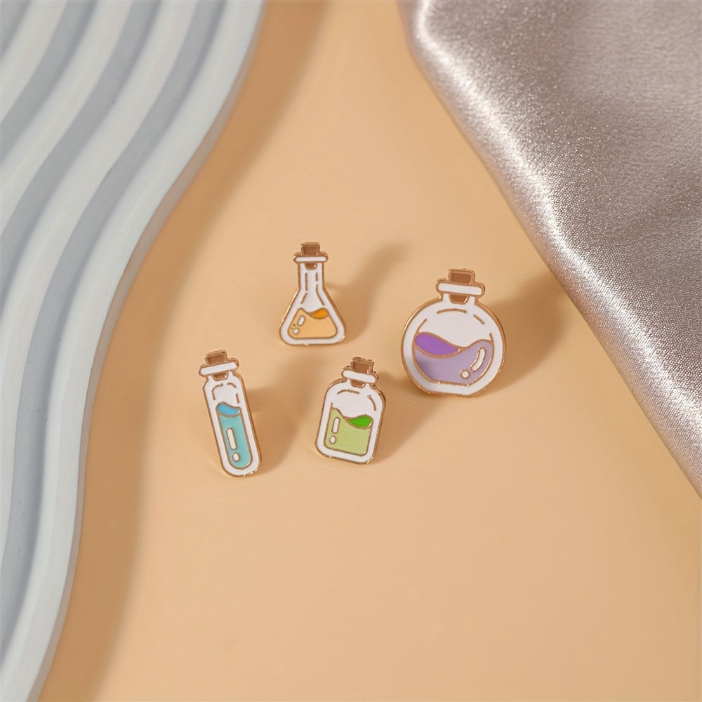 Set of 4 Cartoon Chemical Bottle Enamel Pins Alloy Brooches for Bags and Jewelry