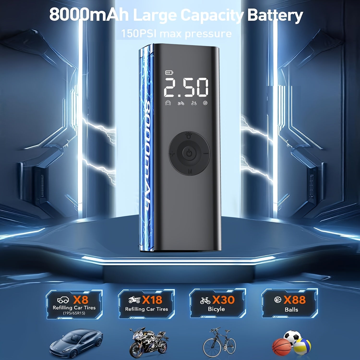 Portable Cordless Tire Inflator Air Compressor with Digital Pressure Gauge