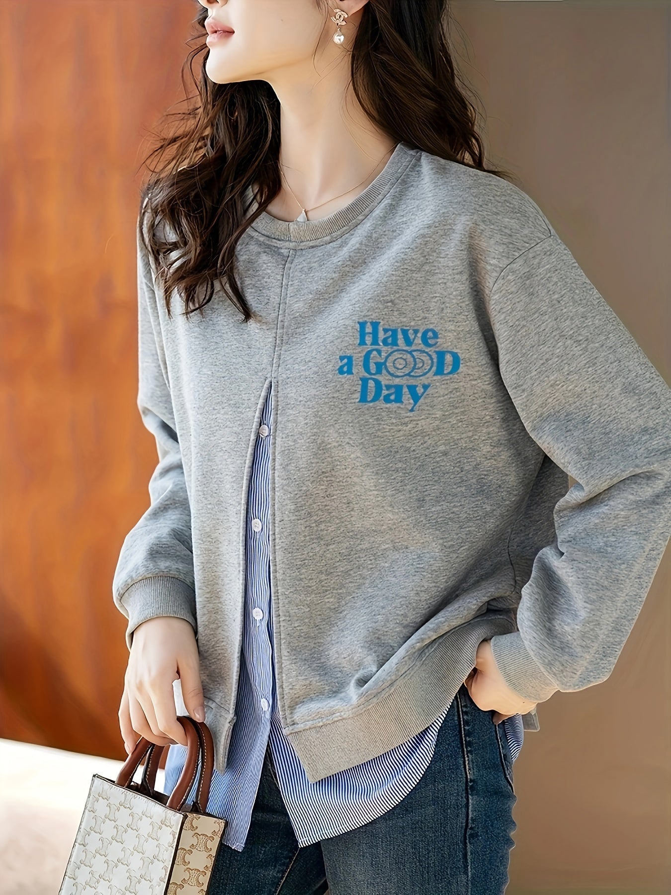 Women's Gray Sweatshirt with "Have a Good Day" Print, Casual Fit