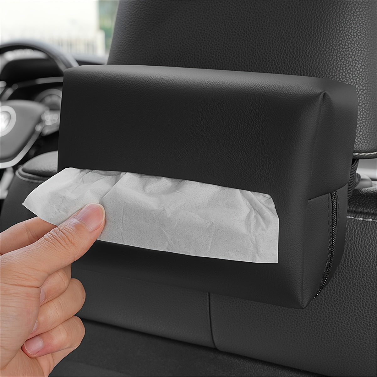 Car Tissue Holder PU Leather Armrest and Headrest Mount Black Organizer