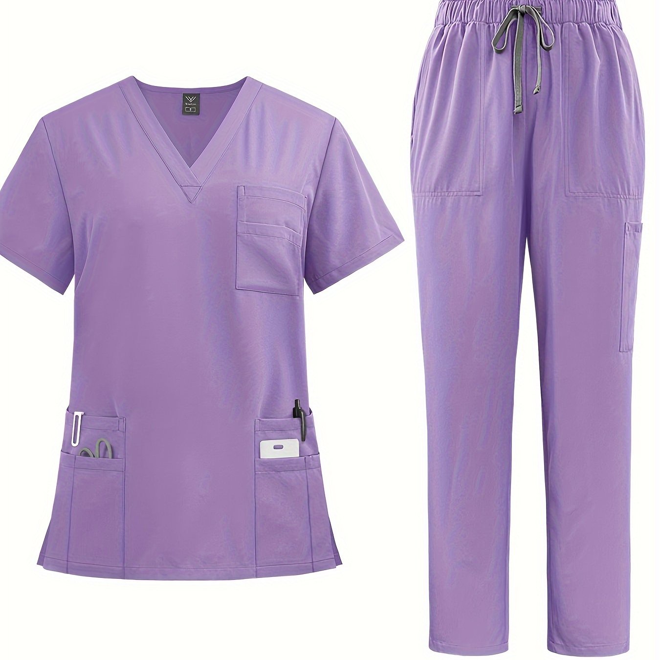 Polyester Spandex Scrubs Set with V-Neck Shirt and Straight-Leg Pants for Nurses and Surgeons