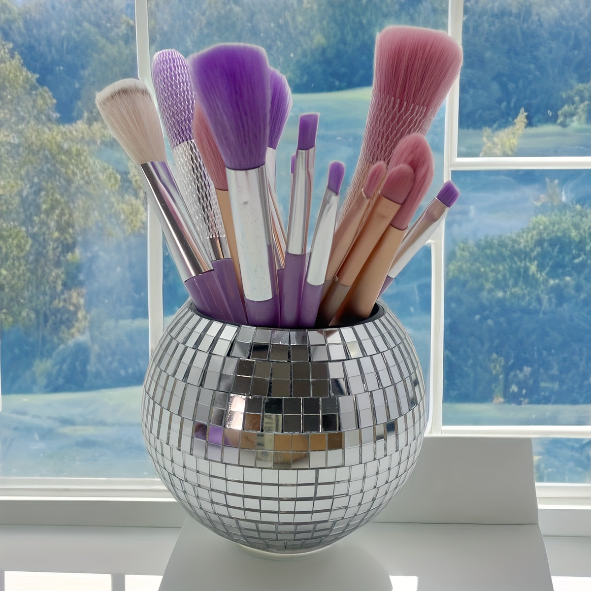 Mini Disco Ball Planter and Desk Organizer for Pens and Makeup Plastic Polished