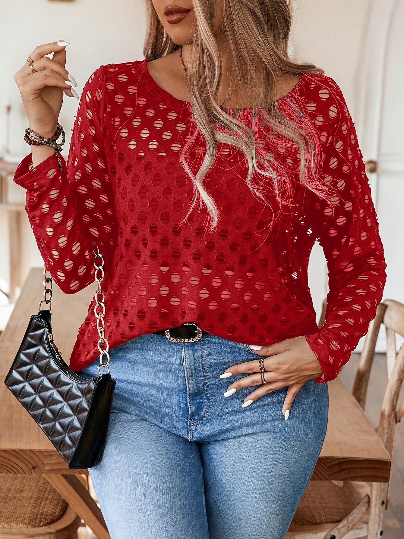 Women's Plus Size Long Sleeve Top Red Polka Dot Casual Loose Fit