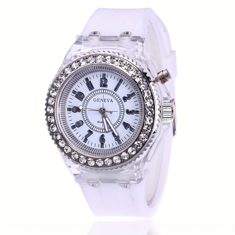 Luminous Rhinestone Full Edge Dial Watch for Boys and Girls Silicone Quartz School Gift
