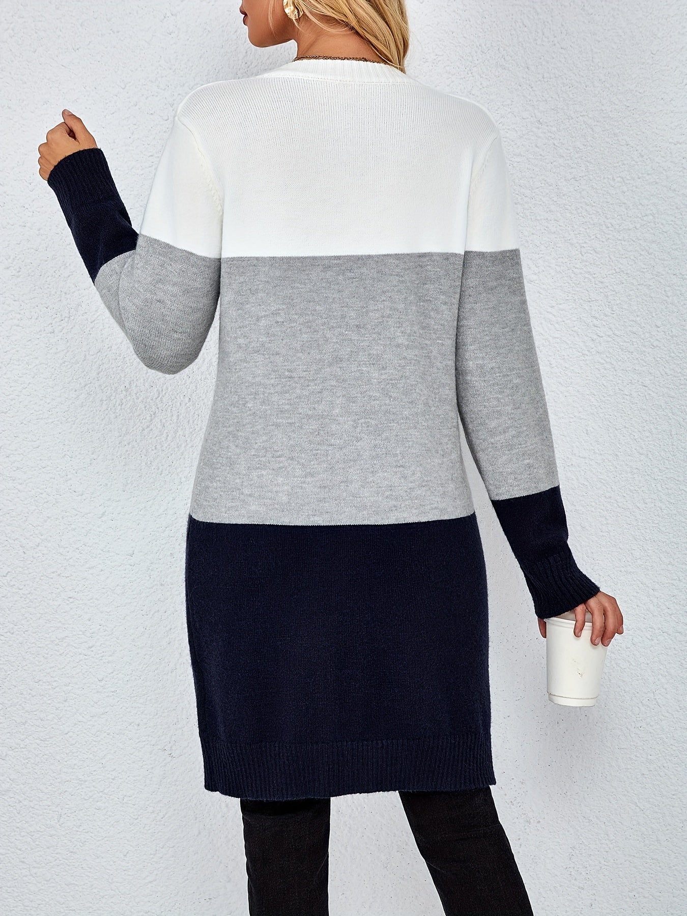 Cárdigan de punto con cuello en V y bloques de color para mujer con mangas largas