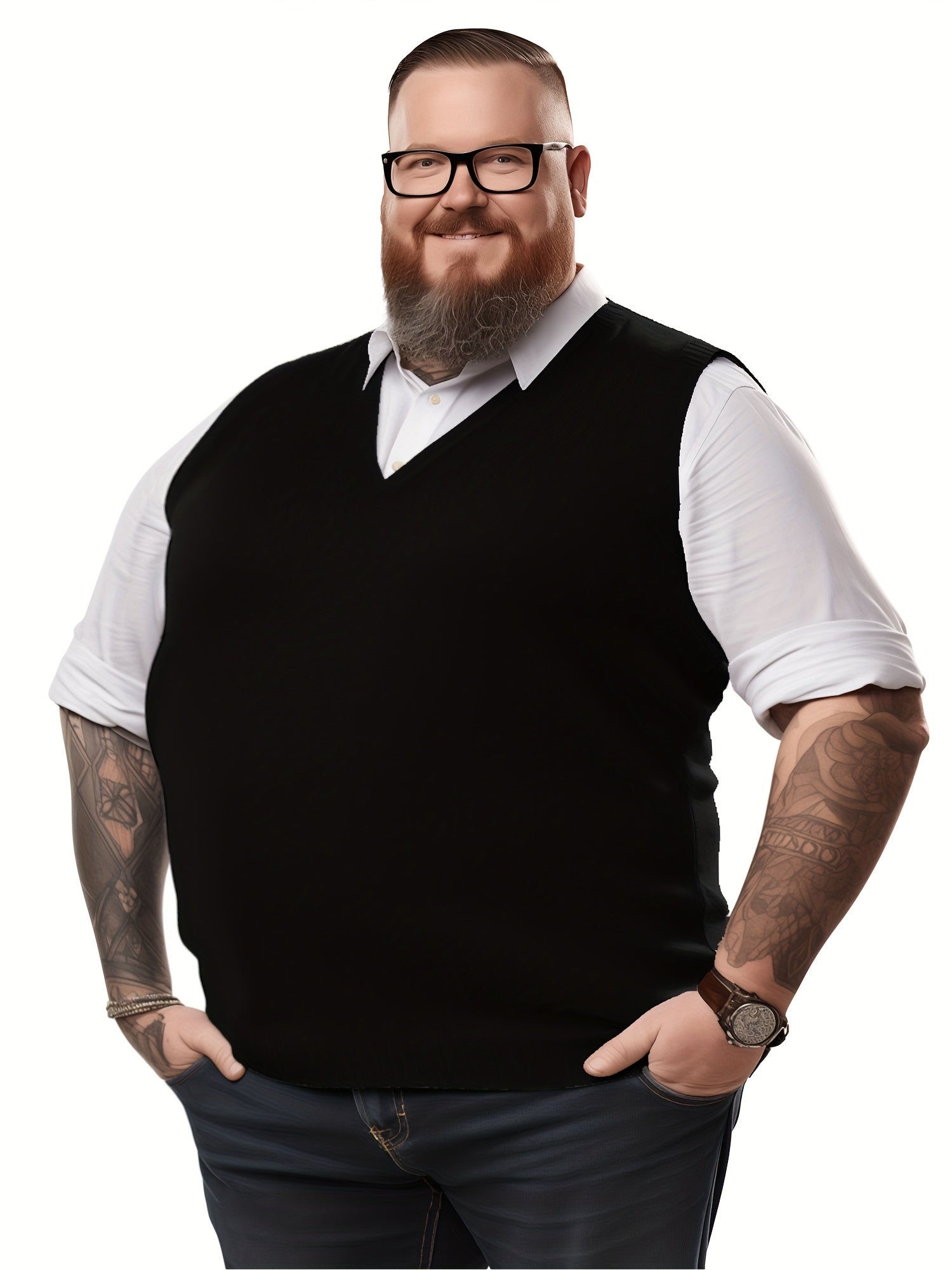 Men's Plus Size Sleeveless Knit Sweater Vest in Dark Green V-Neck for Office and Golf