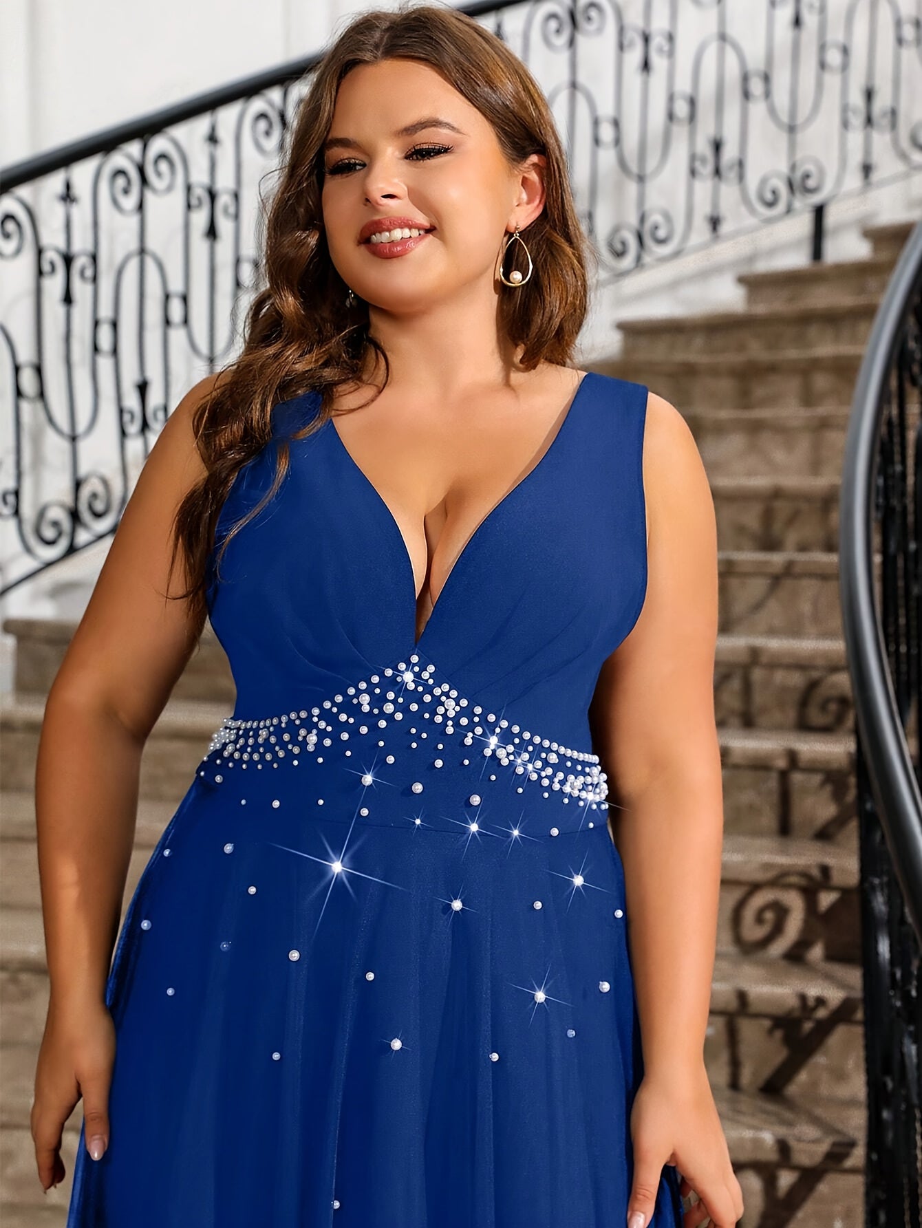 Plus Size Womens Mesh Splicing Beaded Sleeveless Maxi Dress Evening Gown