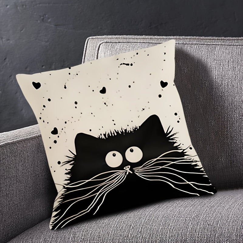 Soft Cotton Cushion Cover with Whimsical Cat Design, Zipper Closure, Easy Care