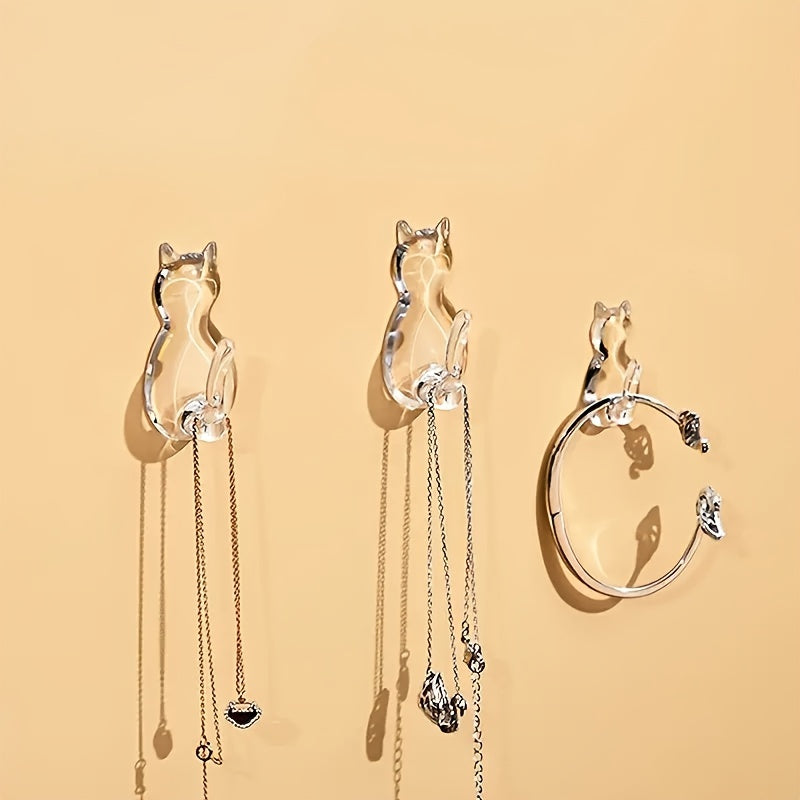 Cute Cartoon Cat Adhesive Hooks for Coats Towels Shower Curtains Strong Transparent No Damage Bathroom Decor