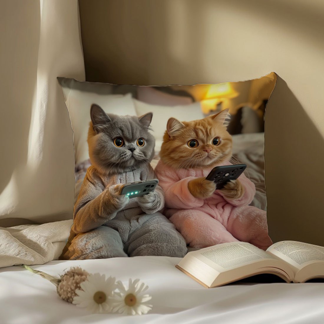 Cats Cushion Cover 45x45cm Peach Skin Velvet Single-Sided Print Sofa Pillow Case