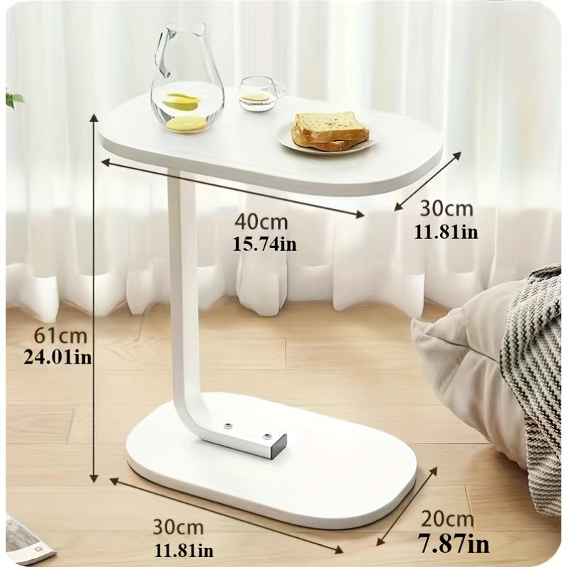 Hardwood Sofa End Table with Metal Base C-Shaped TV Tray for Living Room Bedroom