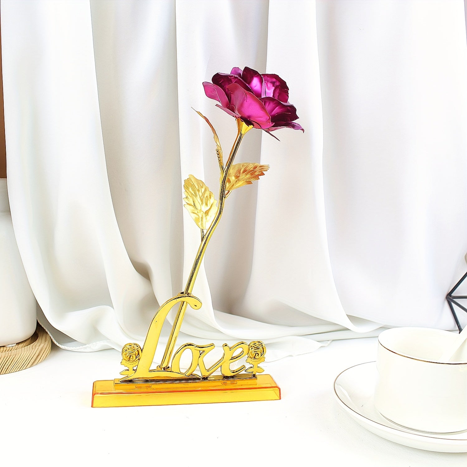 Juego de 2 rosas de oro artificial con base de amor arcoíris y rosas galaxia