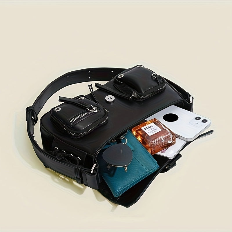 Qora punk uslubidagi ayollar uchun ko'p cho'ntakli va sozlanadigan kamarli sumka - tasodifiy yoki ko'chada kiyish uchun mo'ljallangan, sayohat uchun ideal.