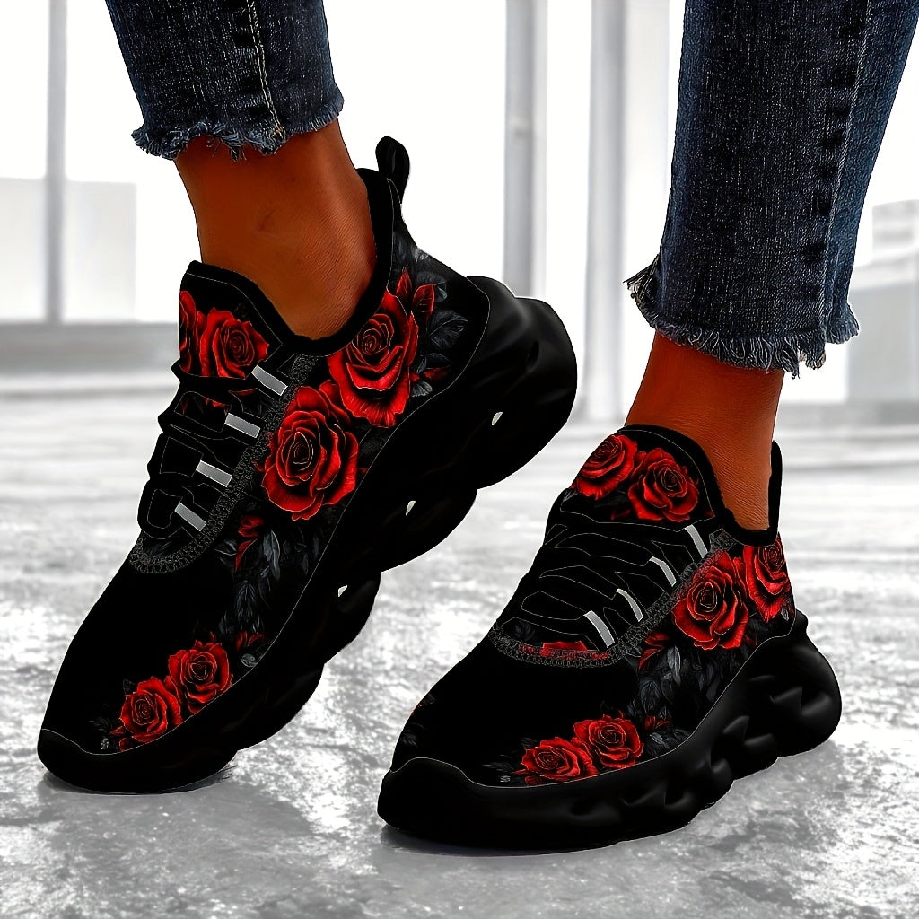 Plus Size Black Rose Sneakers Lightweight Cushioned Support Breathable Fabric All-Season