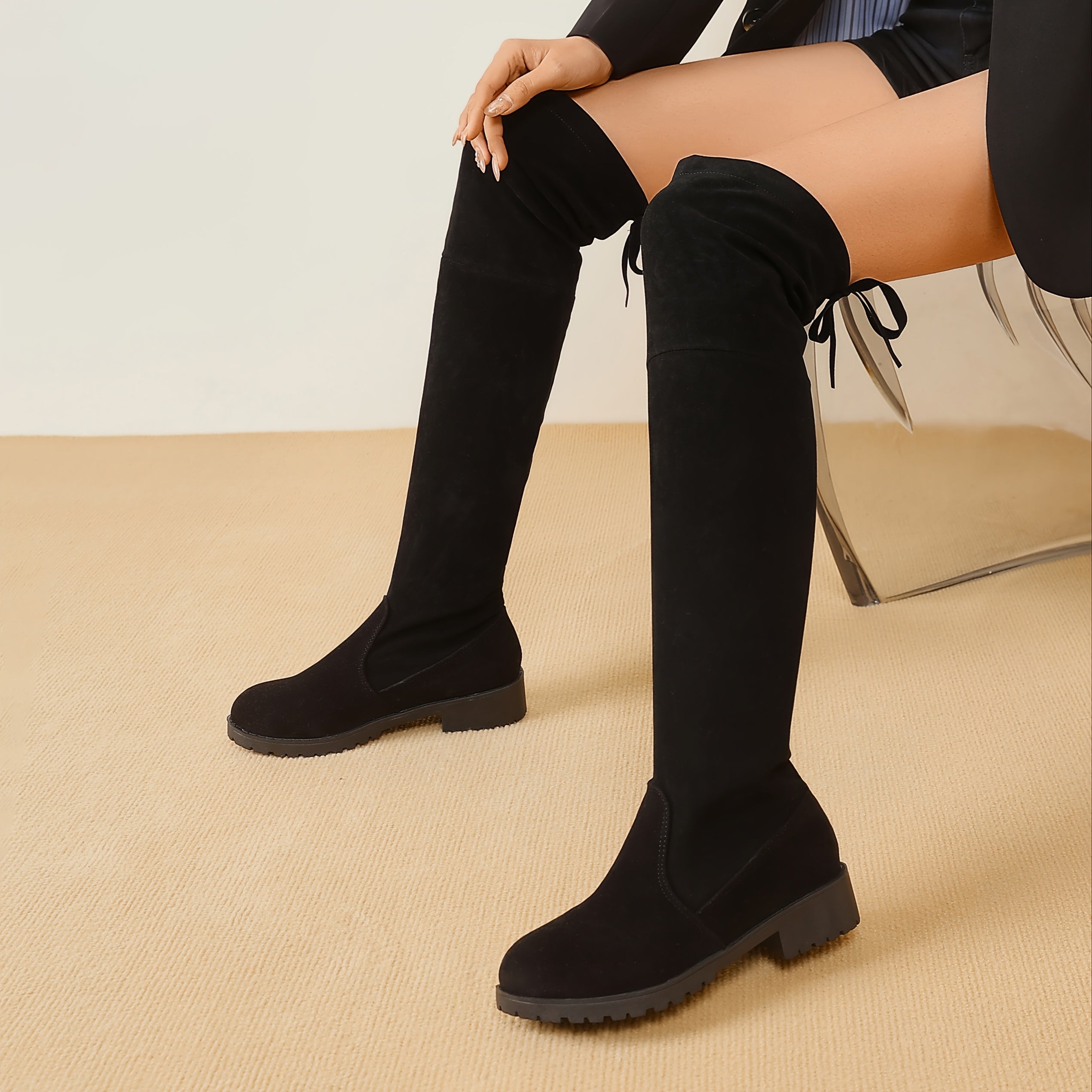 Women's Black Over-the-Knee Stretch Boots with Glossy Finish