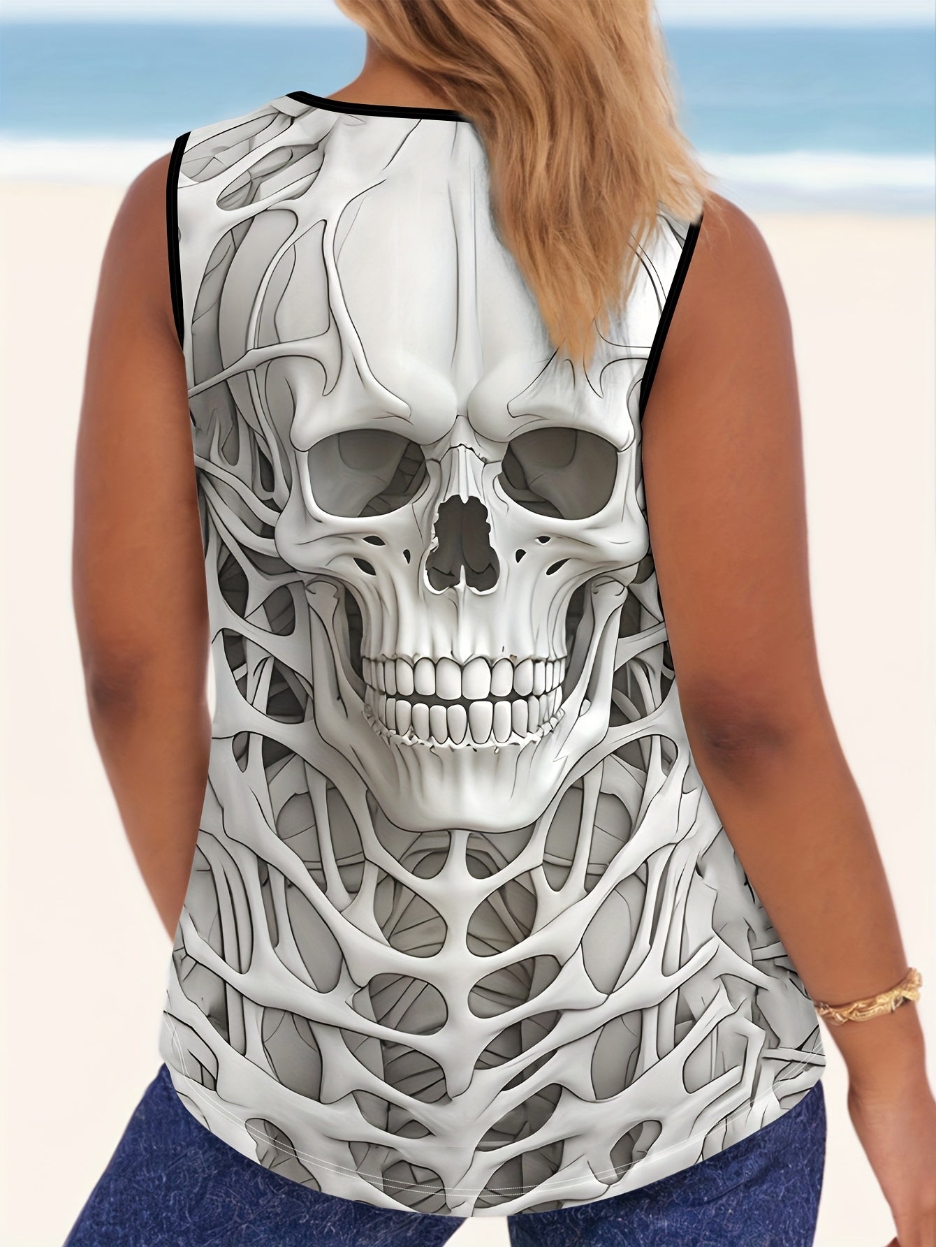 Топ без рукавов для женщин больших размеров, дышащий из полиэстера, с принтом черепа и цветов, летняя пляжная одежда